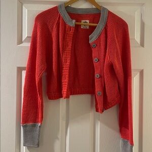 Red and Gray Button-Up Cardigan cropped Free People